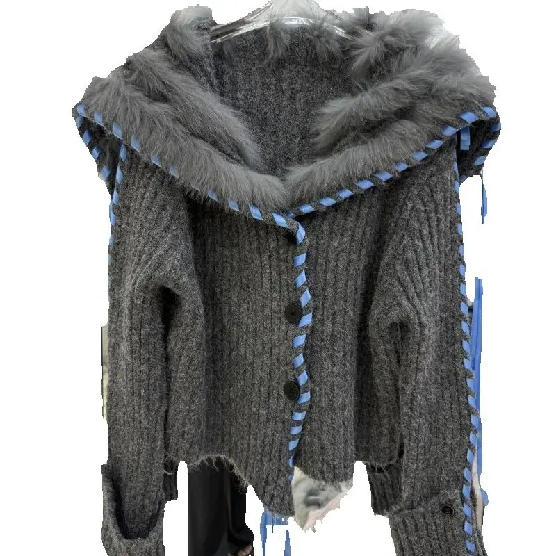 

Новый женский свитер с воротником темно-синего цвета и шуба в коллекции осени/зимы 2025 года, короткий кардиган из лисьего меха в стиле пэчворк с р.