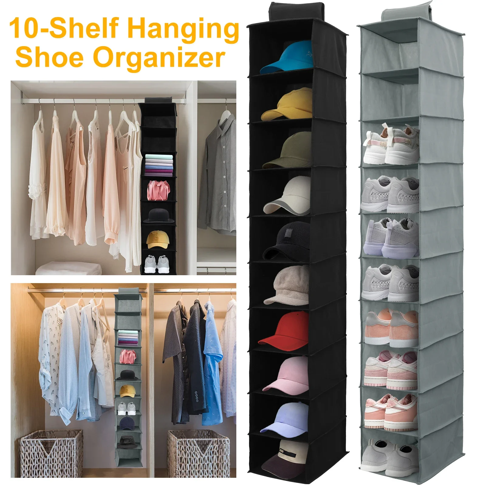 

10-Shelf Hanging Shoe Organizer Non-Woven Fabric Hanging Shoe Shelves Multipurpose Foldable Shoes Container Rack Space-Saving