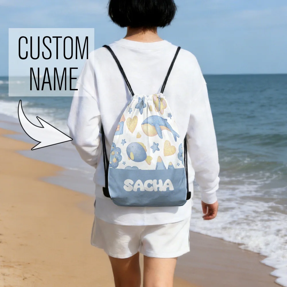 1Pc Custom Name/Text Drawstring Bag, Cute Ocean Animal Pattern Storage Pouch, Lightweight Travel Sports Backpack, Holiday Gift