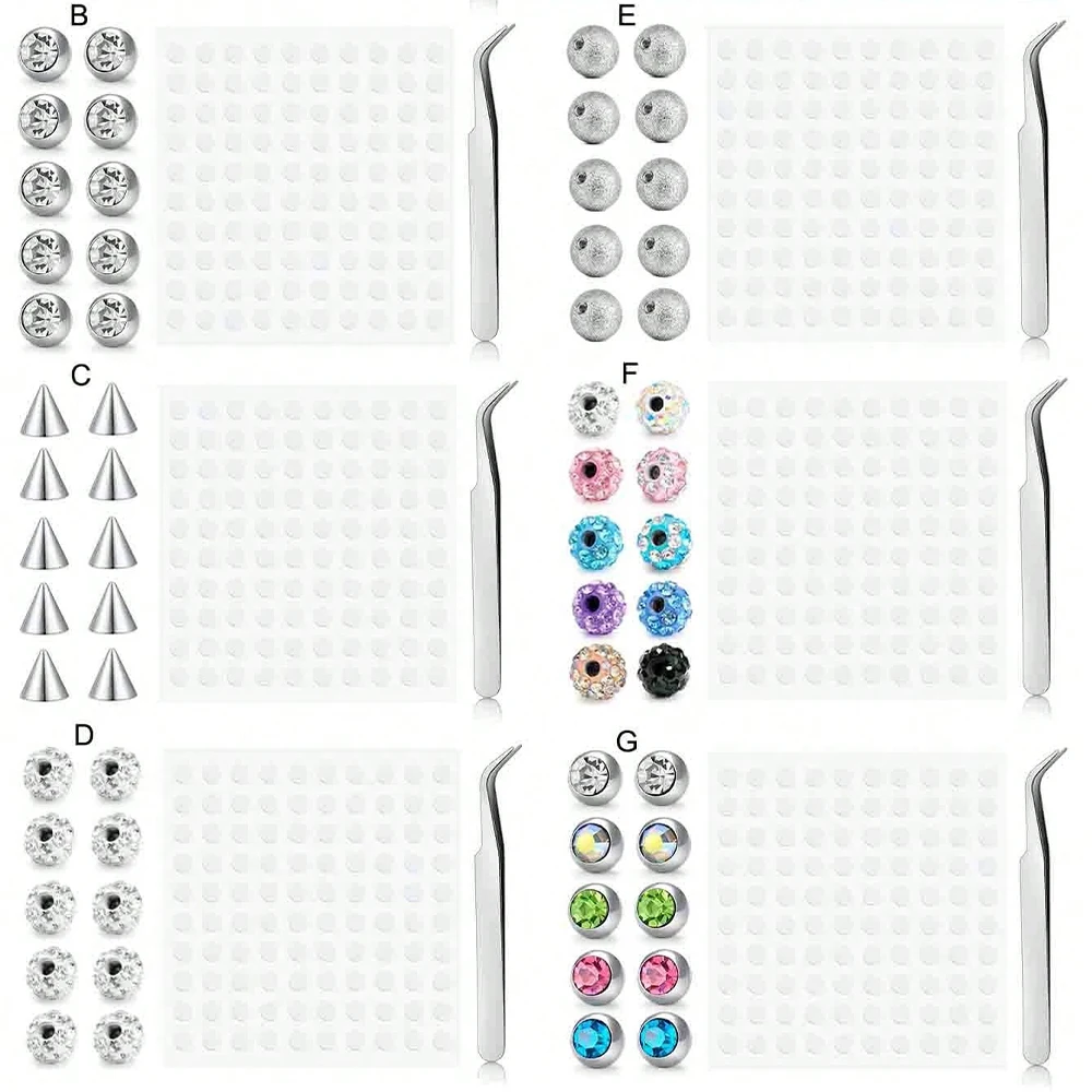 12pcs Set, Includes 10pcs 304 Stainless Steel Replacement Balls And Cubic Zirconia, 1pc Sticker, 1pc Tweezers