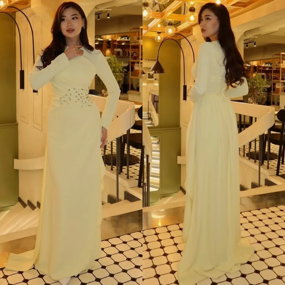 

Customized High Quality Elegant Jersey Rhinestone Pleat Straight Scoop Neck Long Dresses Bespoke Occasion Dresses Modern Style