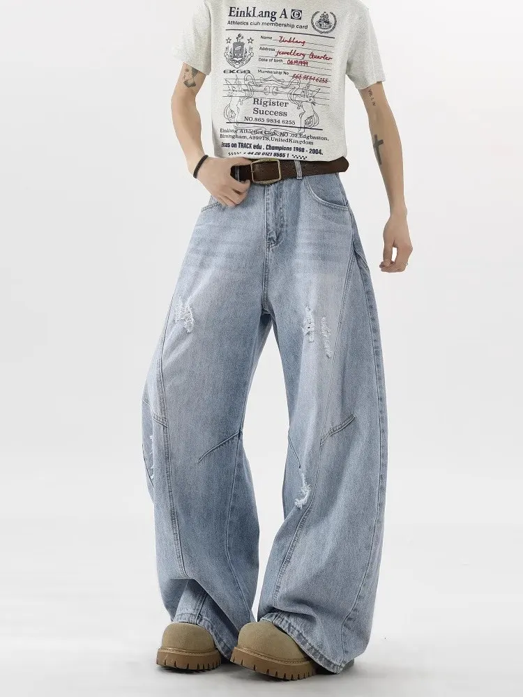جينز ريترو أمريكي واتر ويد متعثر مستقيم الساق للرجال والنساء جينز كلينفيت هاي ستريت Sle للزوجين الموز