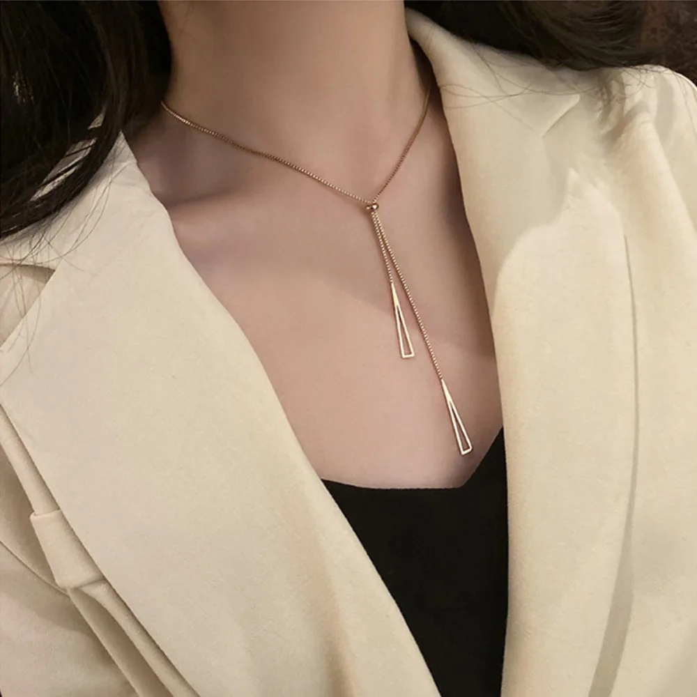 2024 Korea Fashion Geometric Triangle Pull Adjustable Pendant Necklace for Women Charm Stainless Steel Chokers Jewelry Accessory