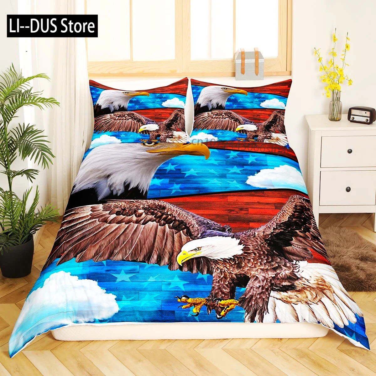 مجموعة غطاء لحاف أفريقيا، منظر جوي للنسر الأصلع Flying USA، طقم سرير مزخرف مكون من 3 قطع مع وسادتين، مقاس كينج كامل