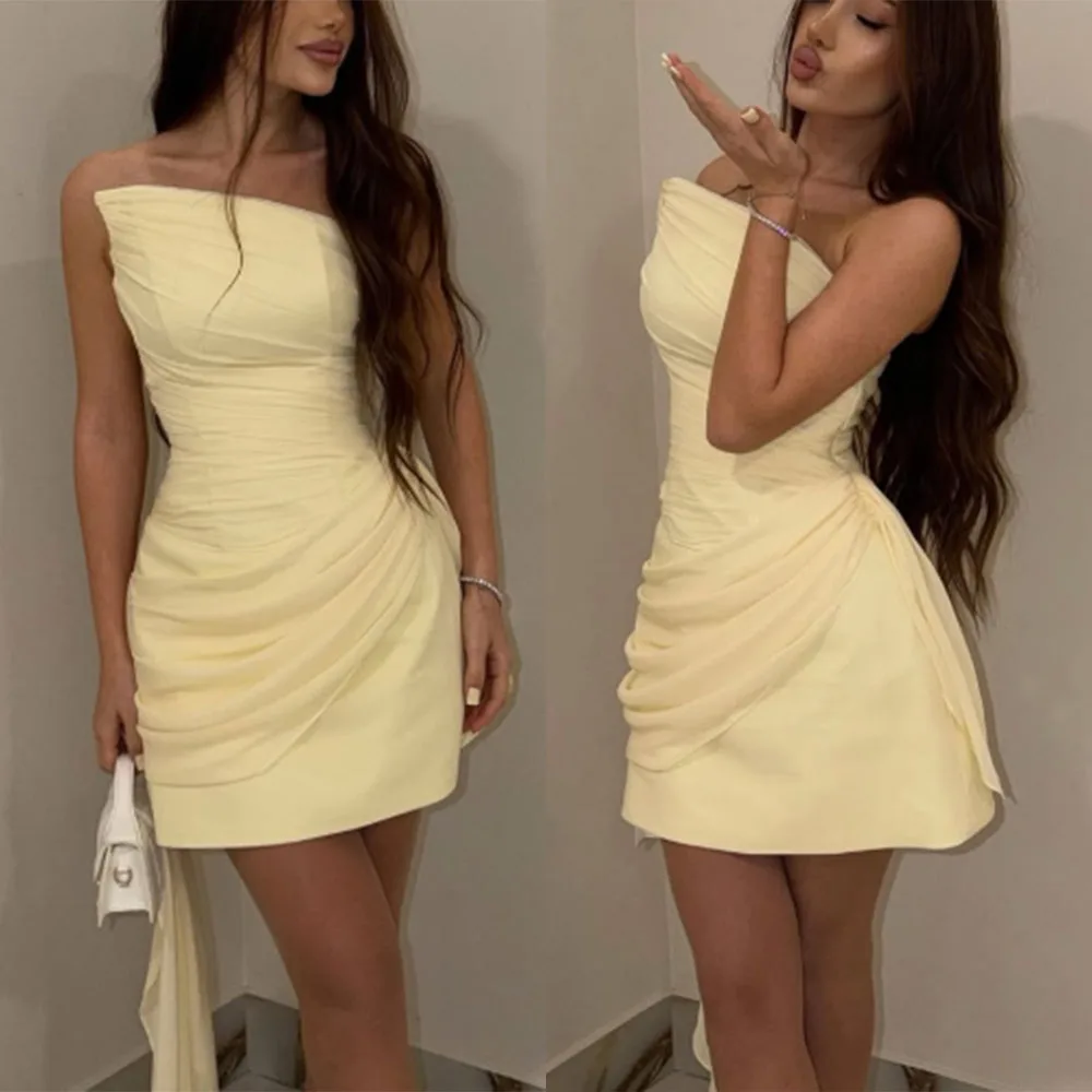 

High Quality Customized Strapless Above Knee Yellow Sleeveless Pleat Reception Dresses for Weddings Платье На Выпускной Vestidos