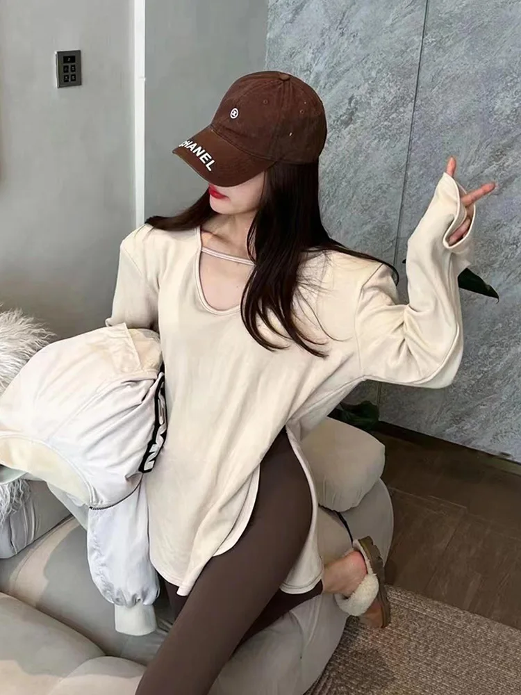 قميص نسائي متعدد الاستخدامات بأكمام طويلة وياقة على شكل حرف U، قميص أساسي متوسط الطول للخريف والشتاء، أسلوب عصري للتنقل اليومي