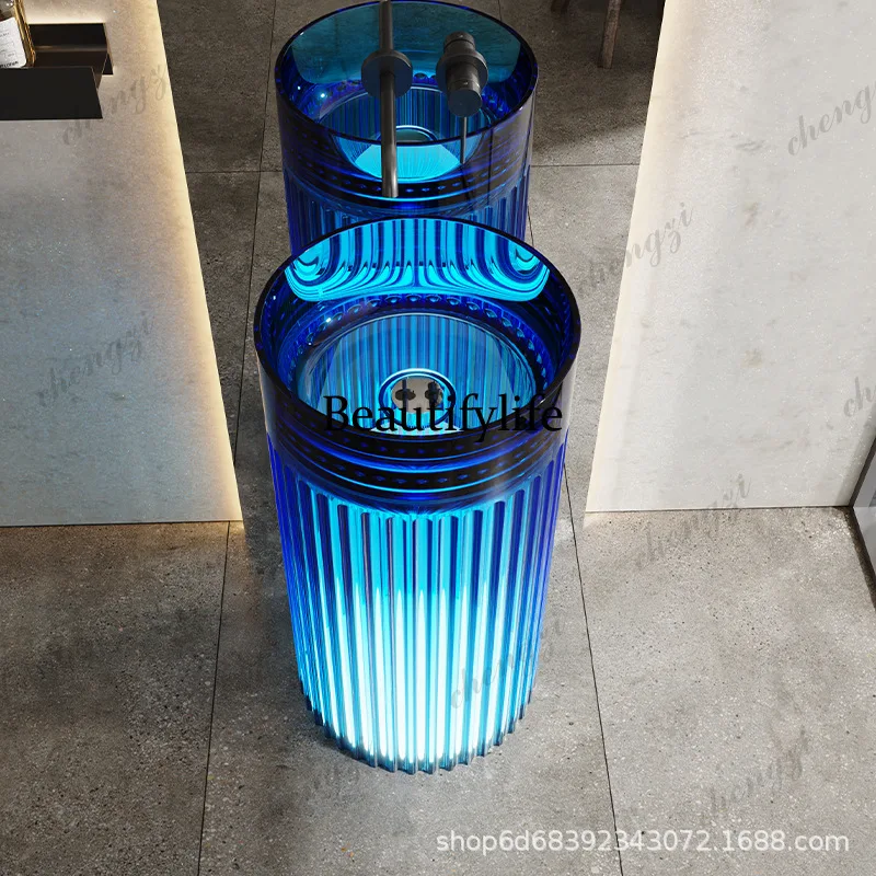 Round column basin Color transparent resin art basin Floor-to-ceiling integrated washing toilet washbasin