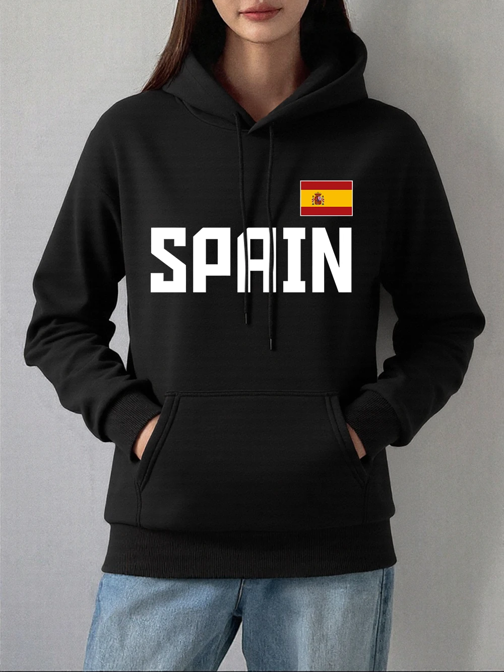 اسبانيا رسالة العلم الوطني أغطية رأس مطبوعة النساء الشتاء الصوف الدافئة بلوزات فضفاضة جيب البلوفرات ملابس نسائية غير رسمية