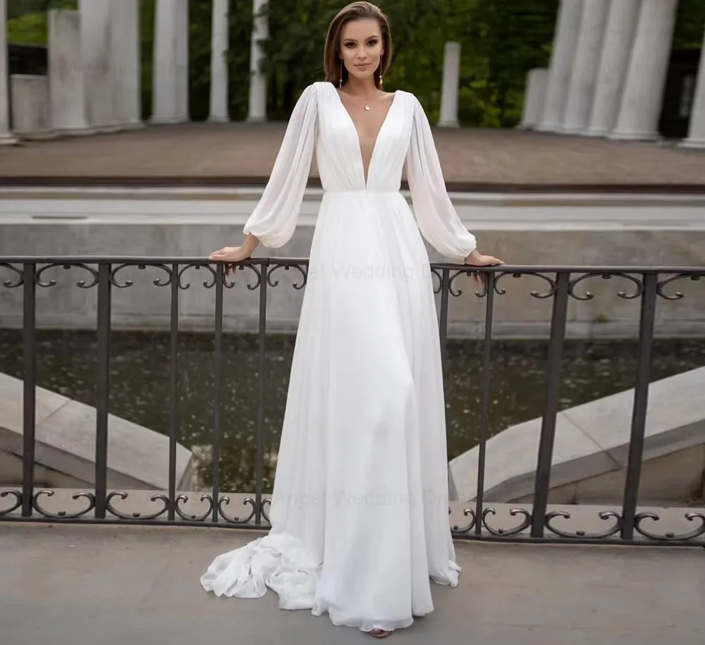 Simple Beach Backless Customized Wedding Dresses Chiffon Puff Long Sleeves A-line Robe De Soiree Sweep Train Bridal Party Gowns