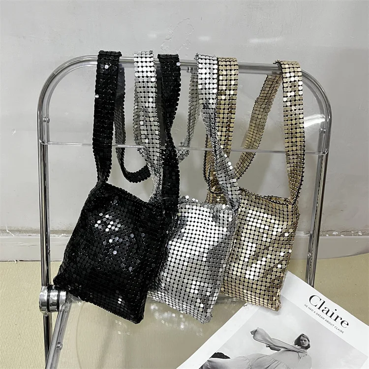 

Women Bags Designer Silver Metal Sequins Chain Woven Bag Hollow Evening Bags Clutch Female Travel Holiday Shoulder Bag Handbag