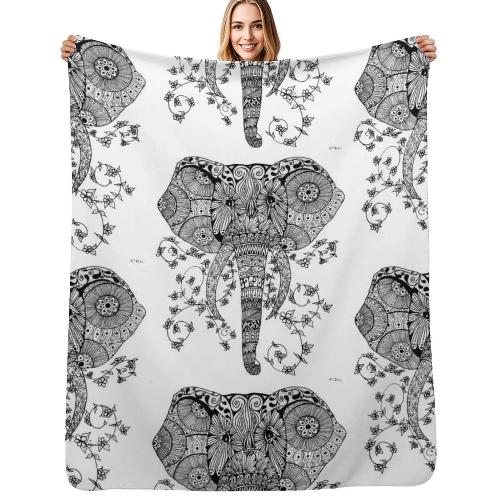 Mandala 8 - Elephant hand drawn in mandala zentangle style Throw Blanket Flannel Fleece Soft Warm Throw Blanket