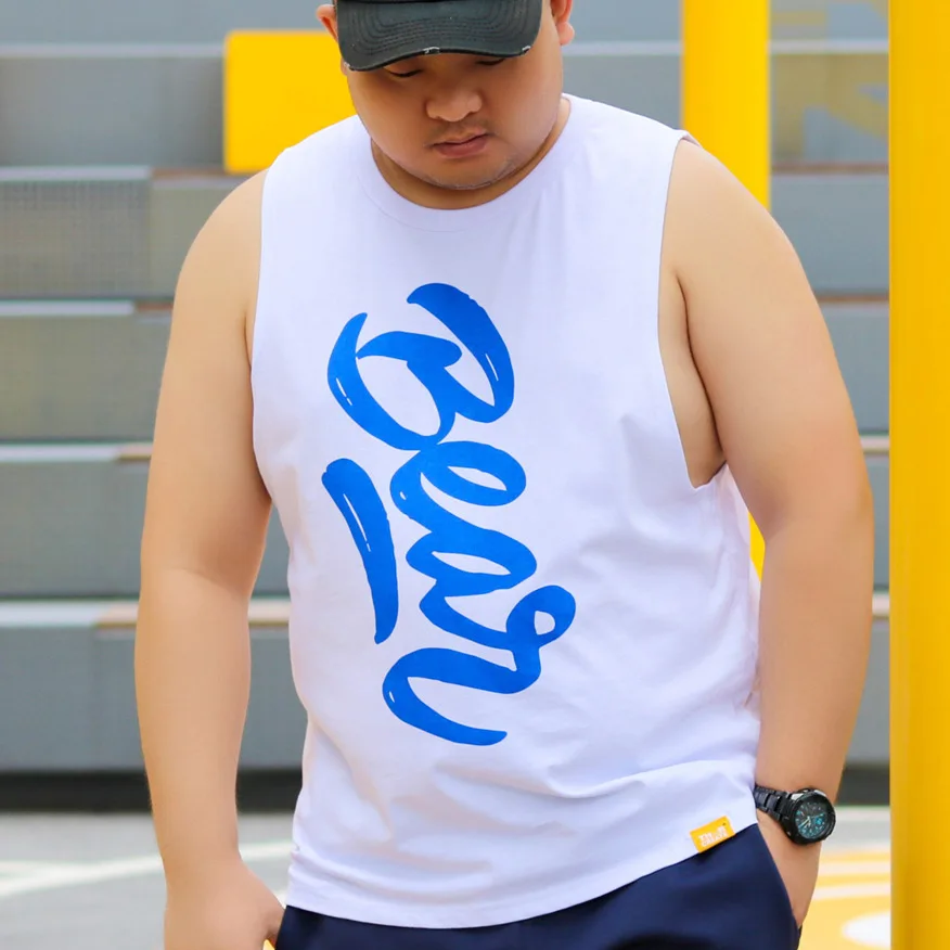 Cute Letter Bear Claw Paw Oversize Tank Tops, Men's Plus Size Cotton Undershirt, Male Vest Gay Blue/Orange XL 2XL 3XL 4XL 5XL