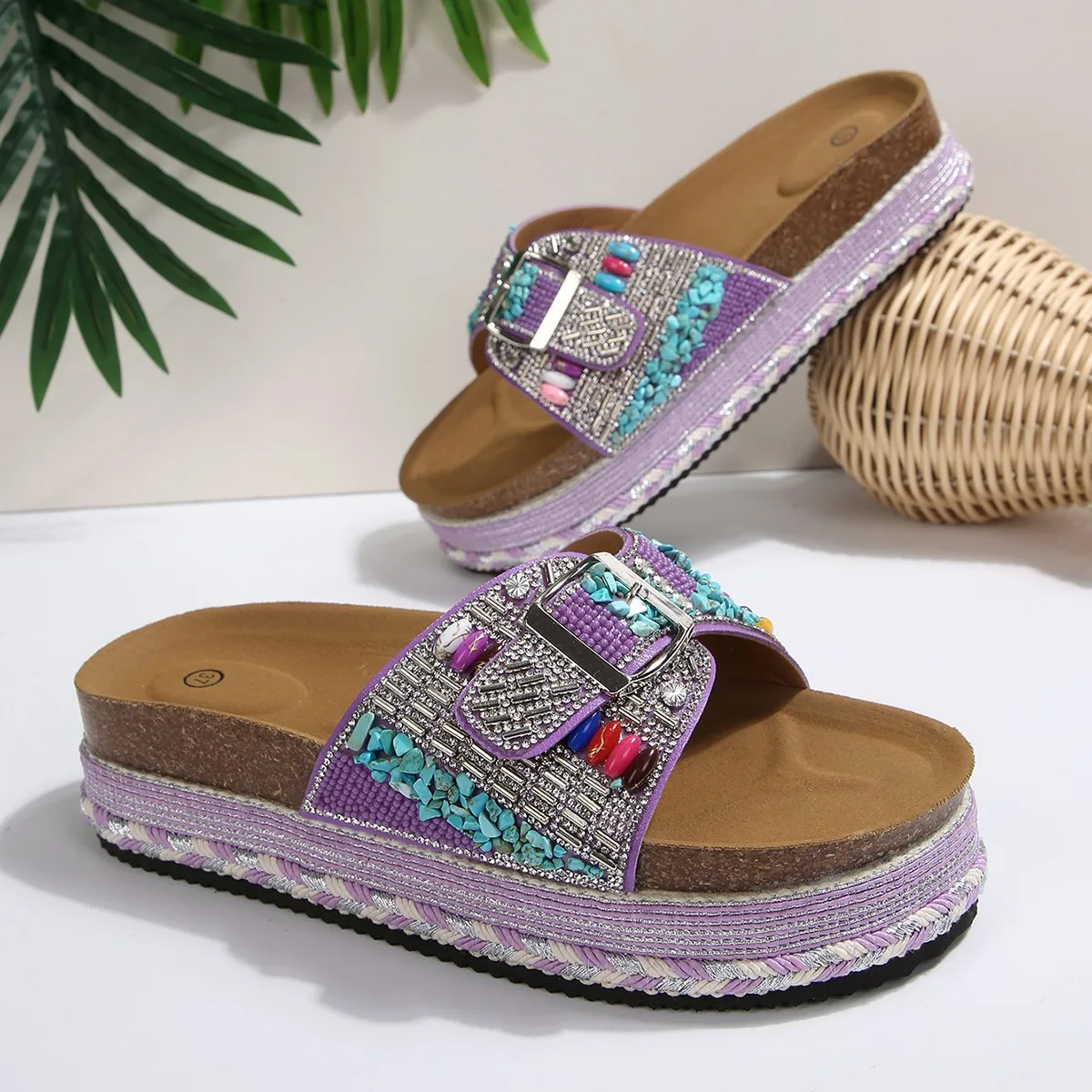 Summer Comfortable Large Size Ladies Slip-On Sandals Platform Beach Thong Slippers Ethnic Style EVA Outer Material PU Inner