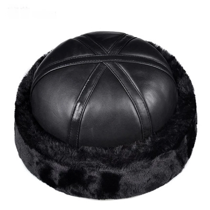 Winer Warm Beanie Caps For Men Daddy Round Real Leather Faux Fur Hat Black Bone Masculino Cold Proof Brimless Skull Russian Hat