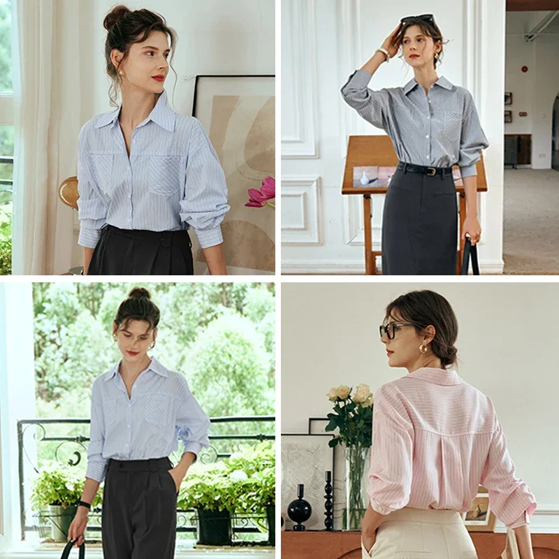 OLrain Blue Vertical Striped Shirt Womens Spring New French Style Cardigan Casual Loose Long Sleeve Workwear Tops O23QC80183