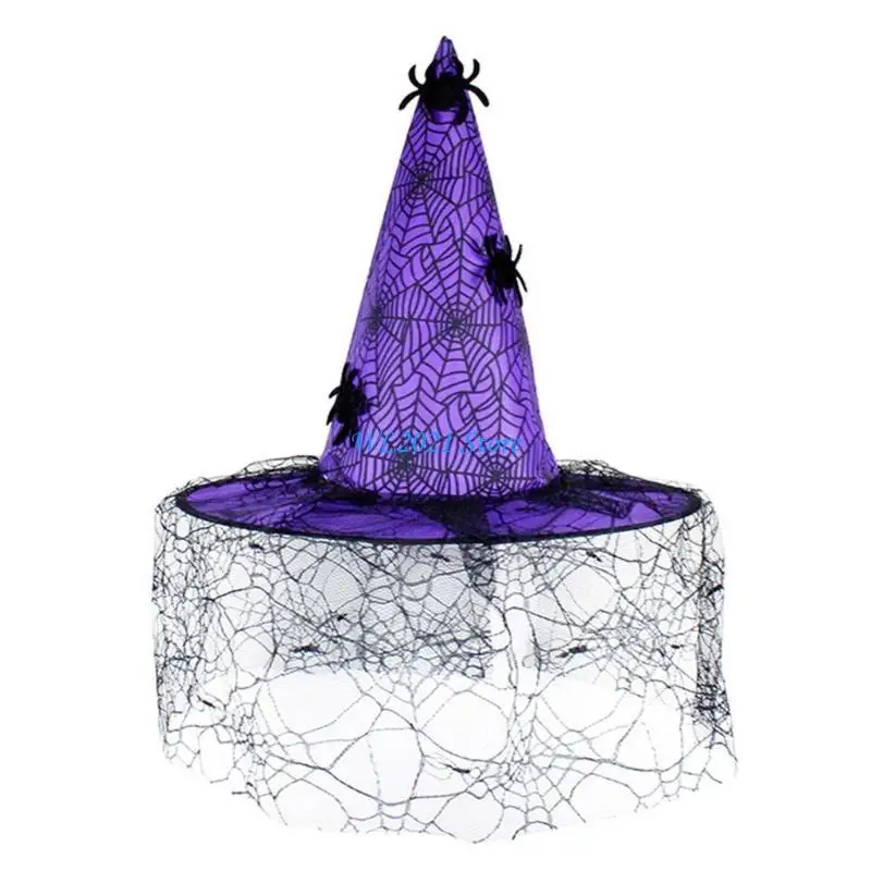 

G5GC Witch Hats for Women Halloween Wicked Witch Hat with Lace Veil Spiders Web Decors Carnivals Cosplays