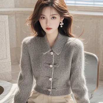 2024 Autumn Winter Temperament Slim Chinese Style Sweaters Women Clothing Vintage Elegant Chic Solid Wool Knitted Cardigan