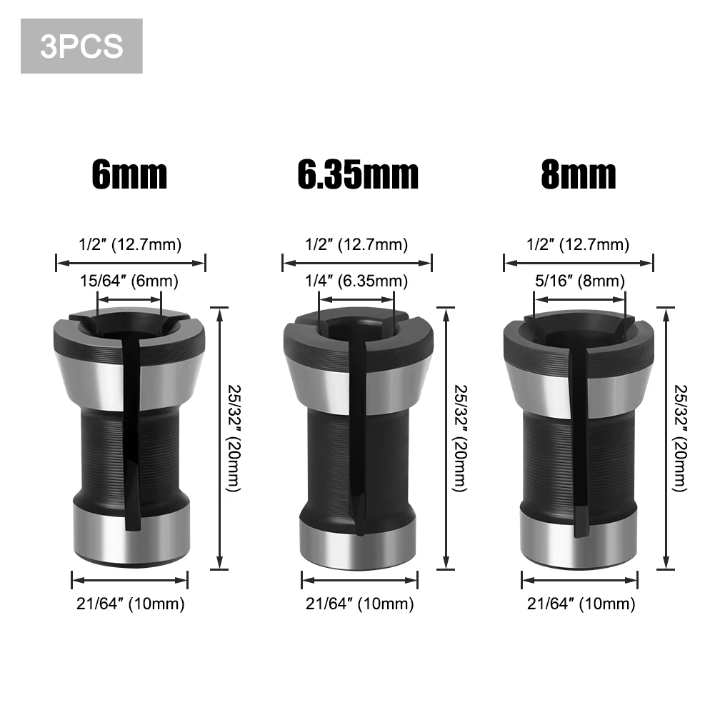 1/3PCS 6mm 6.35mm 8mm Collet Set Chuck Engraving Trimming Multifunctional Machine Electric Router Milling Cutter Accessories
