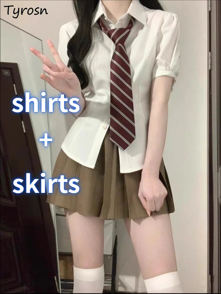 

2 Pcs Sets Women Preppy Style Slim White Shirts Pleated Mini Skirts Hotsweet Tender All-match Y2k Girls Casual Ulzzang Fashion