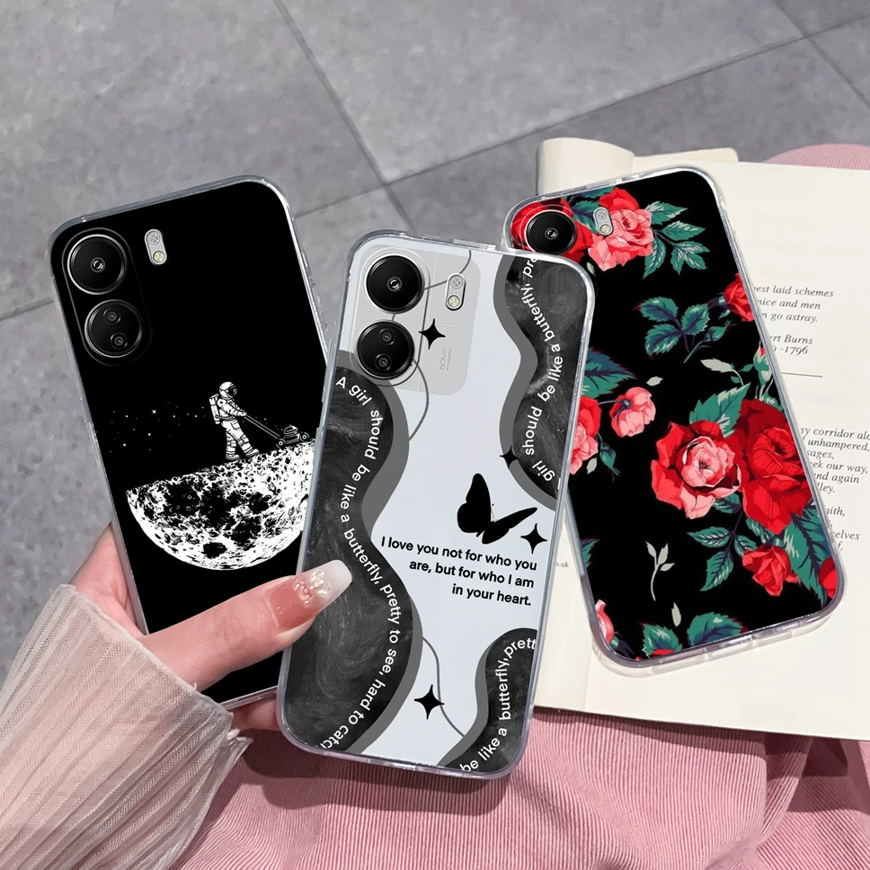 Phone Case For Xiaomi Poco C65 Transparent Cute Flower Soft Silicone Protective Back Cover Shell For Xiaomi PocoC65 Fundas Coque