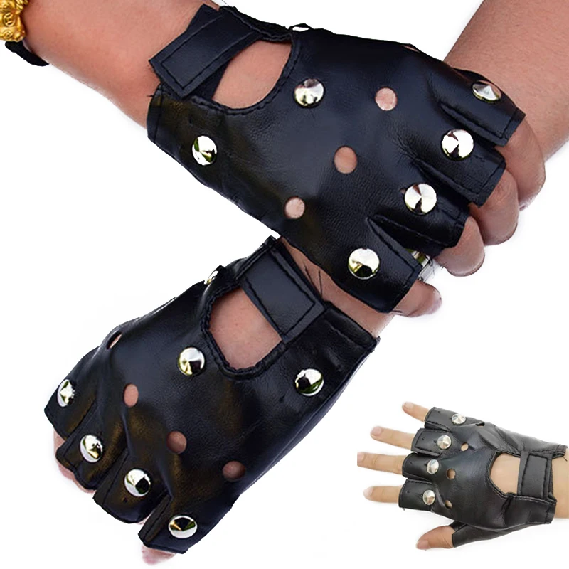 1 Pair Adult Child Black Pu Leather Half Finger Gloves Female Half Finger Driving Women Punk Gloves Dance Rivets Gloves Mittens