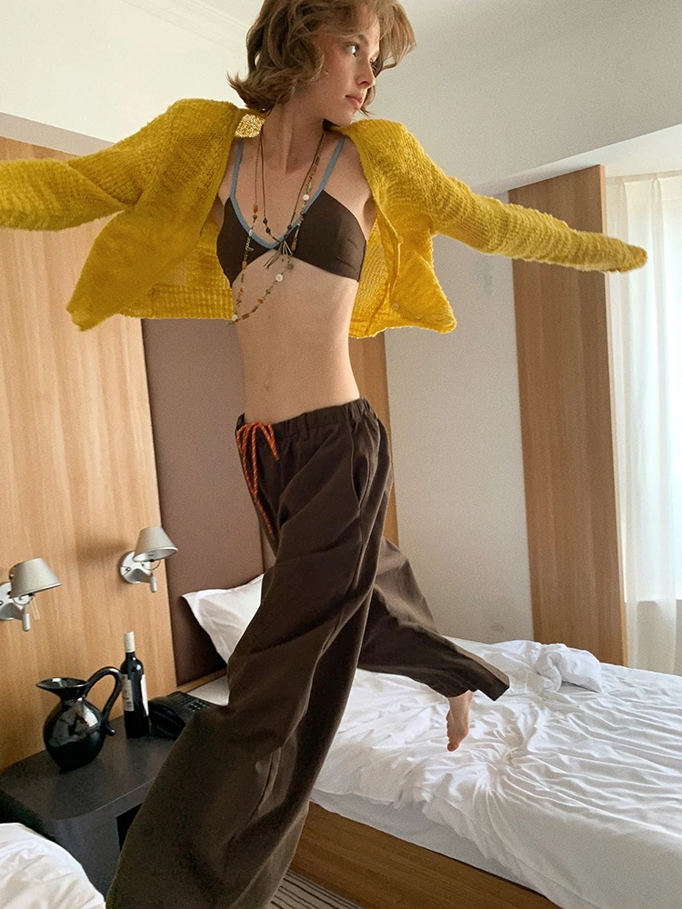 RORIRI السراويل البني للنساء الملونة الرباط مرونة الخصر واسعة الساق تنوعا سراويل تقليدية فضفاضة تناسب ثنى السراويل الطويلة #5