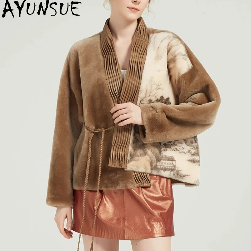AYUNSUE Natural Sheepskin Fur Coat Women Winter Clothes Lamb Wool Genuine Leather Jacket Woman New in Coats 2025 Ink Printed