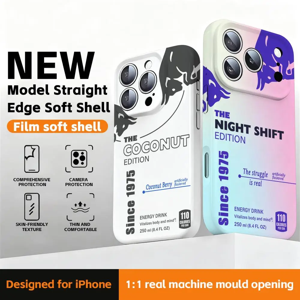 Phone Case Straight edge film Glossy soft shell New bull drink stylish design  For iPhone 17 16e 16 15 14 13 12 Pro Max Plus