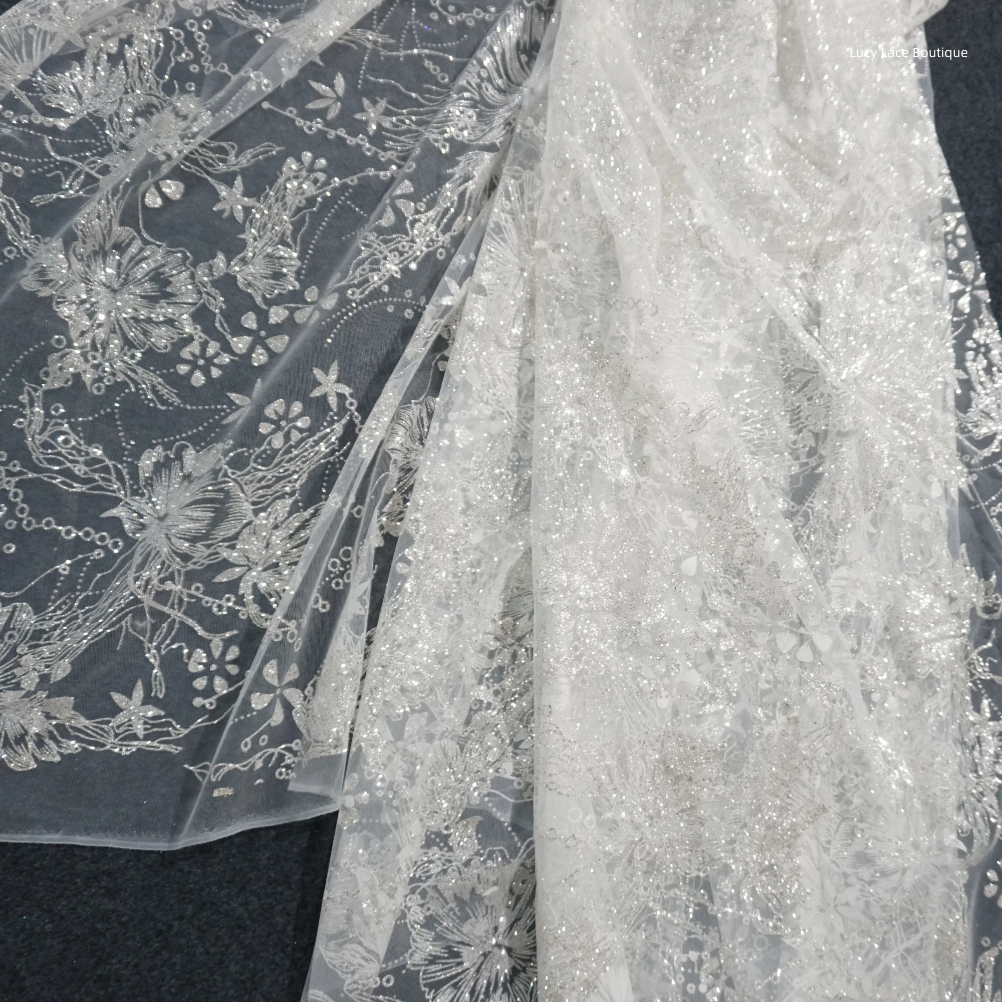 2024 Silver Lace Large Flowers Glittering Mesh Fabric Stamping Silver Spray Wedding Dress Fabric Bottom Material 150CM Wide