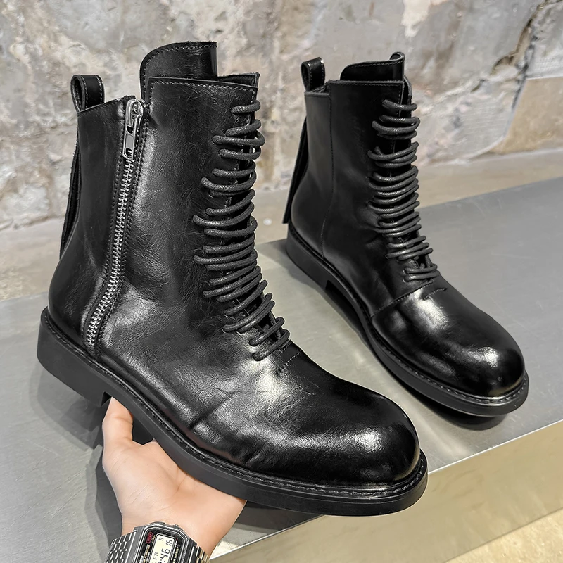 High Quality Autumn Winter New Men High Top Boots Multiple Rows of Shoelaces Retro Style Daily Wear Shoes Fashionable Boots