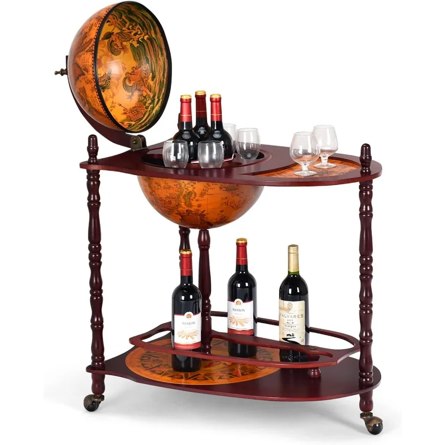Globe Bar for dining room living room home, wood and metal, antique bronze, 34.5-inch wheeled liquor cabinet with bottom shelf