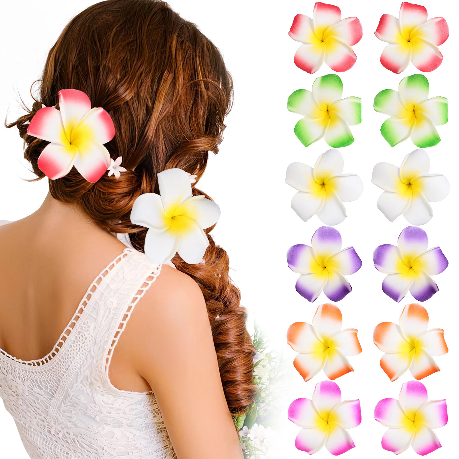 

12 Pieces Frangipani Hair Clip Foam Flower Plumeria Hawaiian Flowers for Decorations Party Accessory Clips