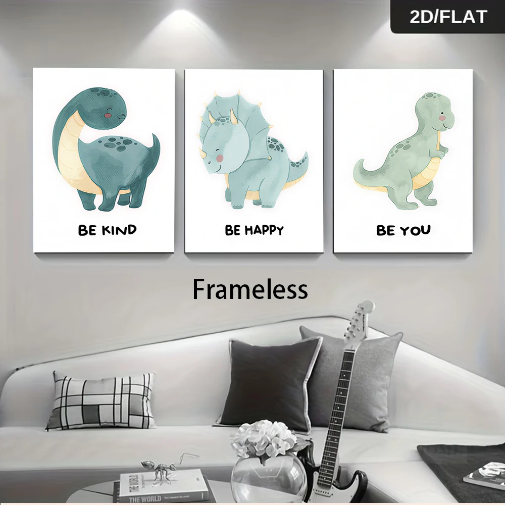 3PCS Frameless,1 set of dinosaur-themed triptych frameless paintings, cute decorative paintings, 2D flat design.