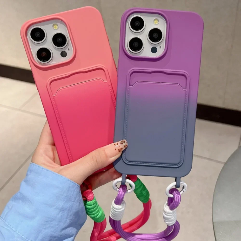 เคสโทรศัพท์แบบกระเป๋าสตางค์พร้อมสายคล้องข้อมือสีไล่ระดับสีสำหรับ iPhone 16 PRO MAX 15 14 PLUS 13 12 11ฝาครอบเนื้อนิ่มกันกระแทก