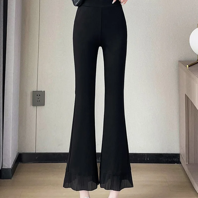 Temperament Korean Fashion Office Lady Spring Summer Simplicity Solid Color Women's Clothing Elastic Waist Patchwork Flare Pants