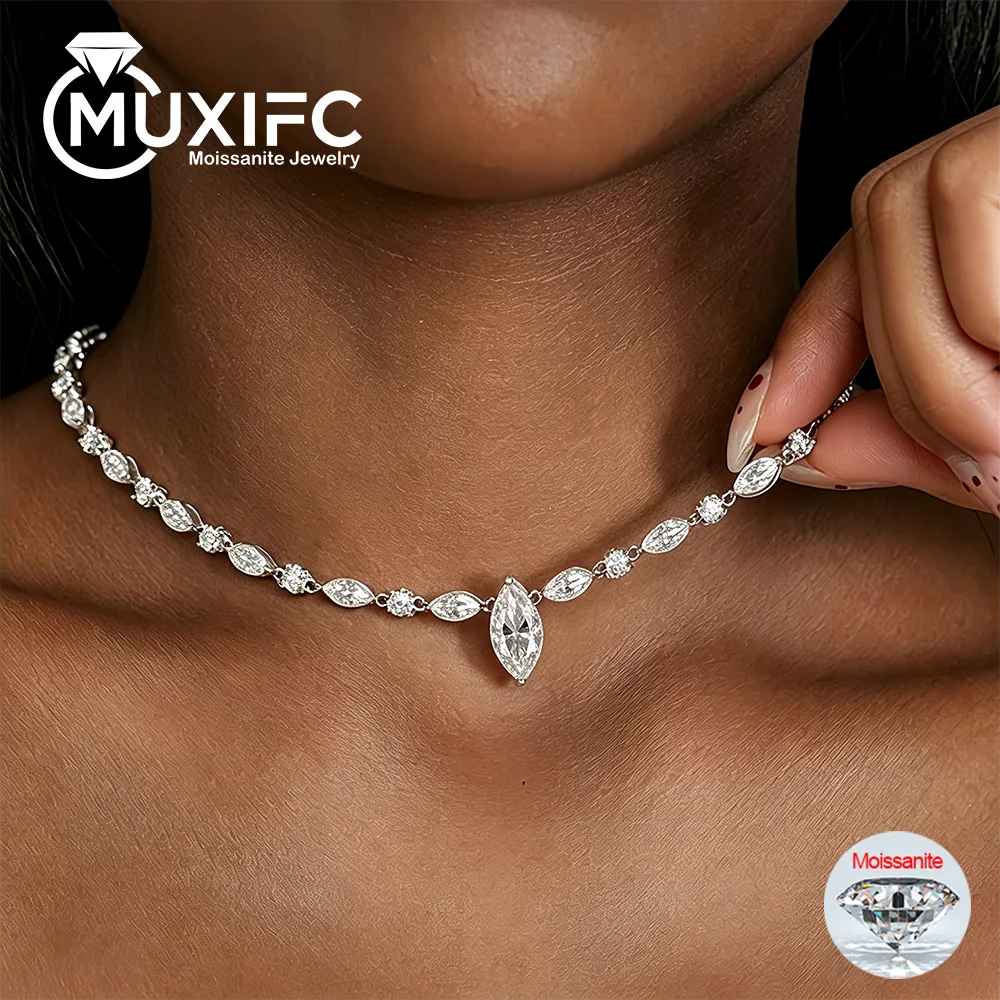 Marquise Cut All Moissanite Tennis Necklaces For Women S925 Pure Silver Luxury D Color Lab Diamond Clavicle Chains Fine Jewelry
