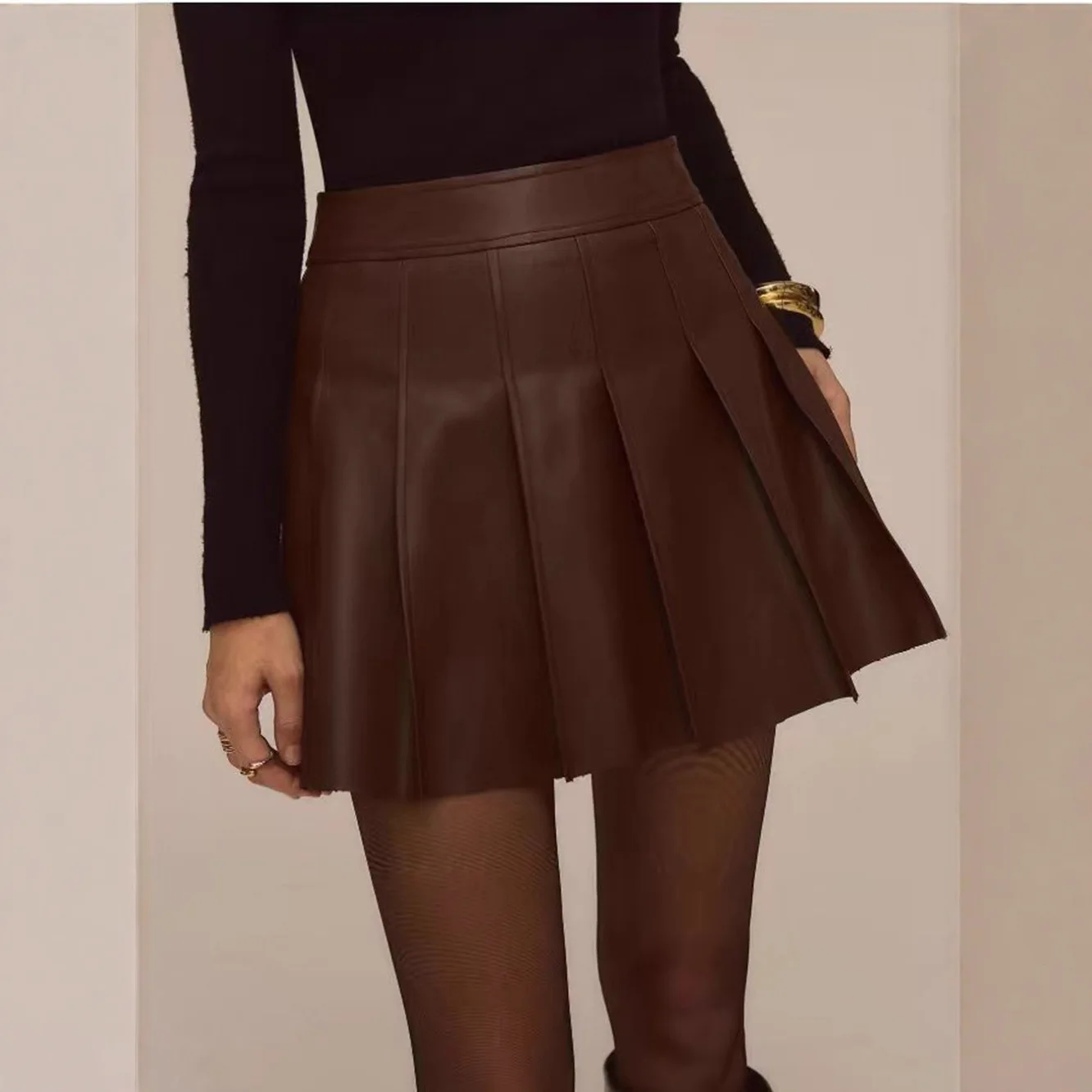New High-waisted Skirt Coffee-colored Pu Leather Skirt Spice Girl Pleated Skirt for Women