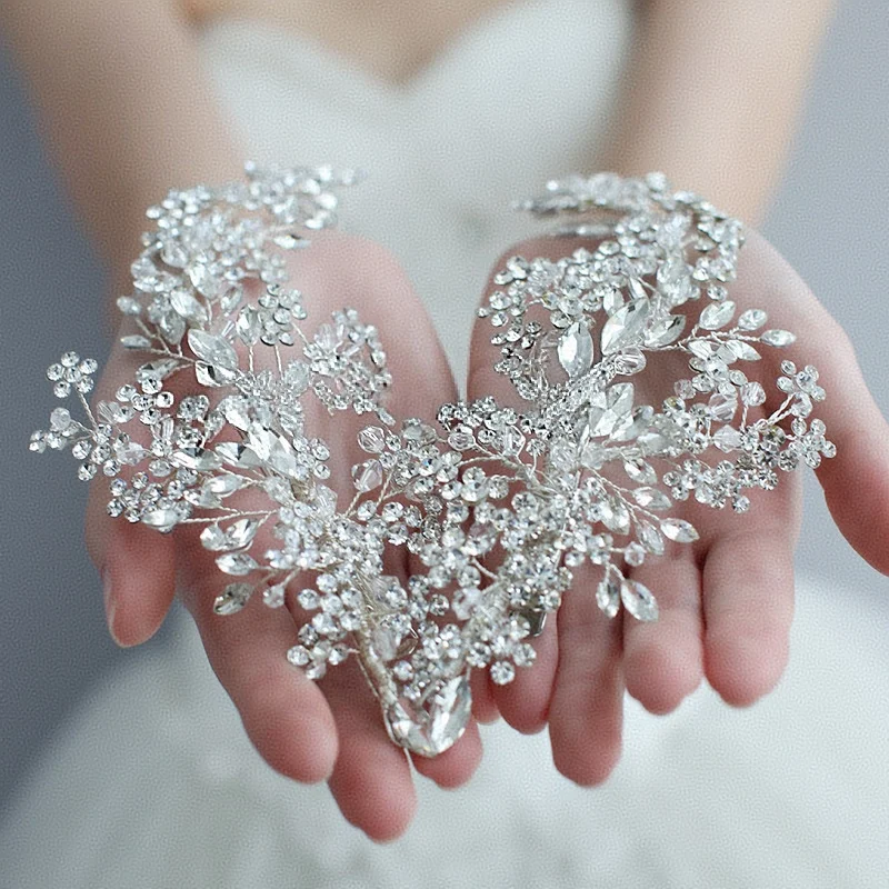 

Shine Rhinestone Flower Bridal Hair Clips Piece Silver Color Handmade Wedding Hair Jewelry Women Headpiece