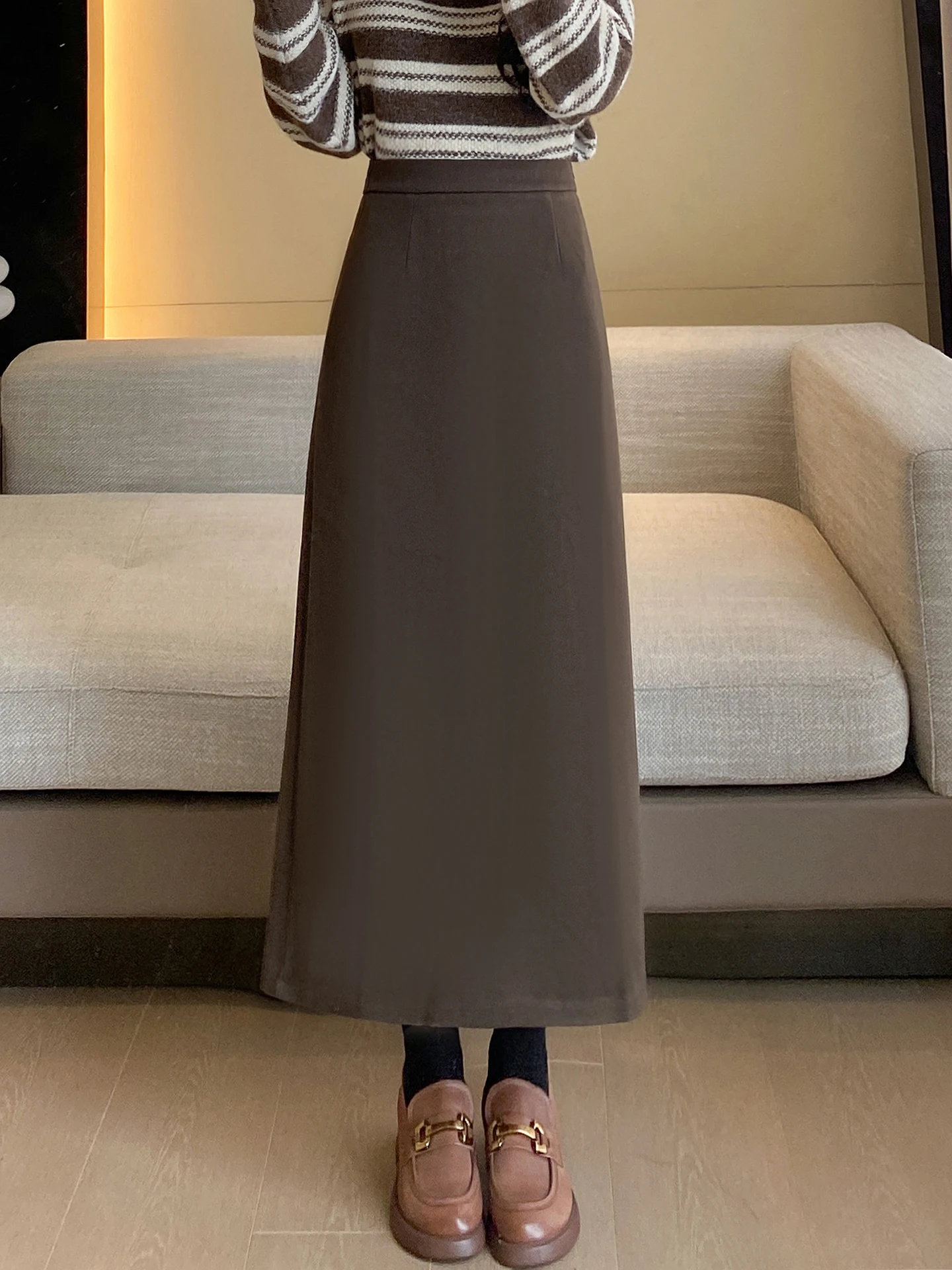 

Thiened шерстяная зимняя юбка трапециевидной формы женская с эластичной резинкой на талии облегающая теплая с разрезом повседневная юбка Ci для повседневного использования