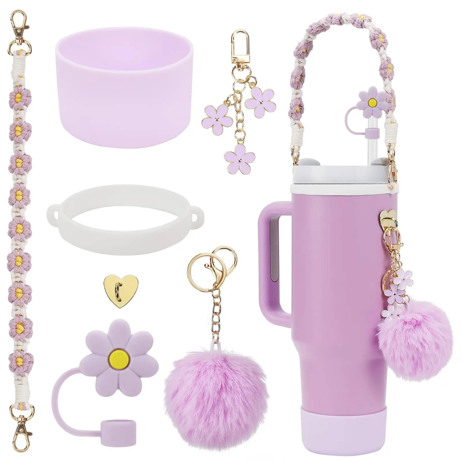 

Cup Accessories Set Including Water Bottle Handle Strap, Siliocne Stanley Cup Boot, Siliocne Straw Cover, Stanley Charms