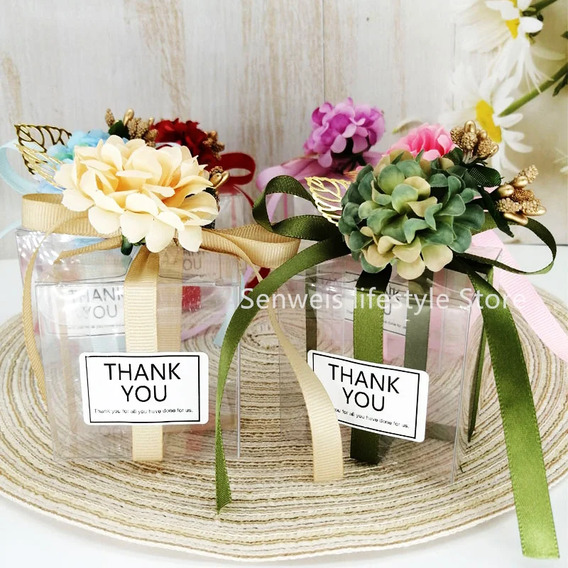 

20Pcs/lot Flower Gift Box Romantic Ribbon PVC Transparent Square Candy Box Wedding Gifts for Guests Present Favors Packaging Bag