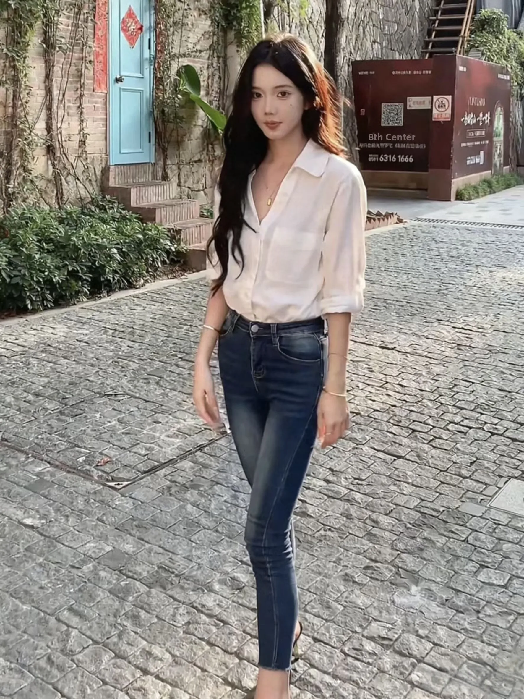 

High Waist Retro Denim Jeans Slimming Skinny Pants Deep Blue Versatile Pencil Nine Point Pants for Women Autumn Winter New Sle