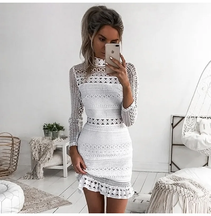 2023Women Dress Sexy White Lace Stitching Hollow Out Party Dresses Elegant Short Mini Summer Spring Long Sleeve Clothes Vestidos