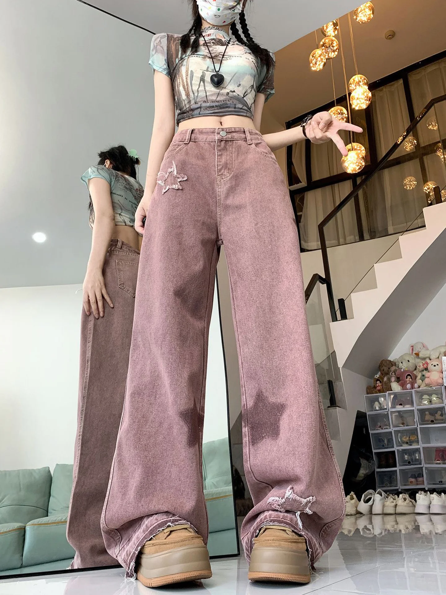 

Slimming Wide Leg Denim Jeans Women's Summer New Style Tie Dye Design Star Embroidery Unique Straight Cut Floor Length Pants