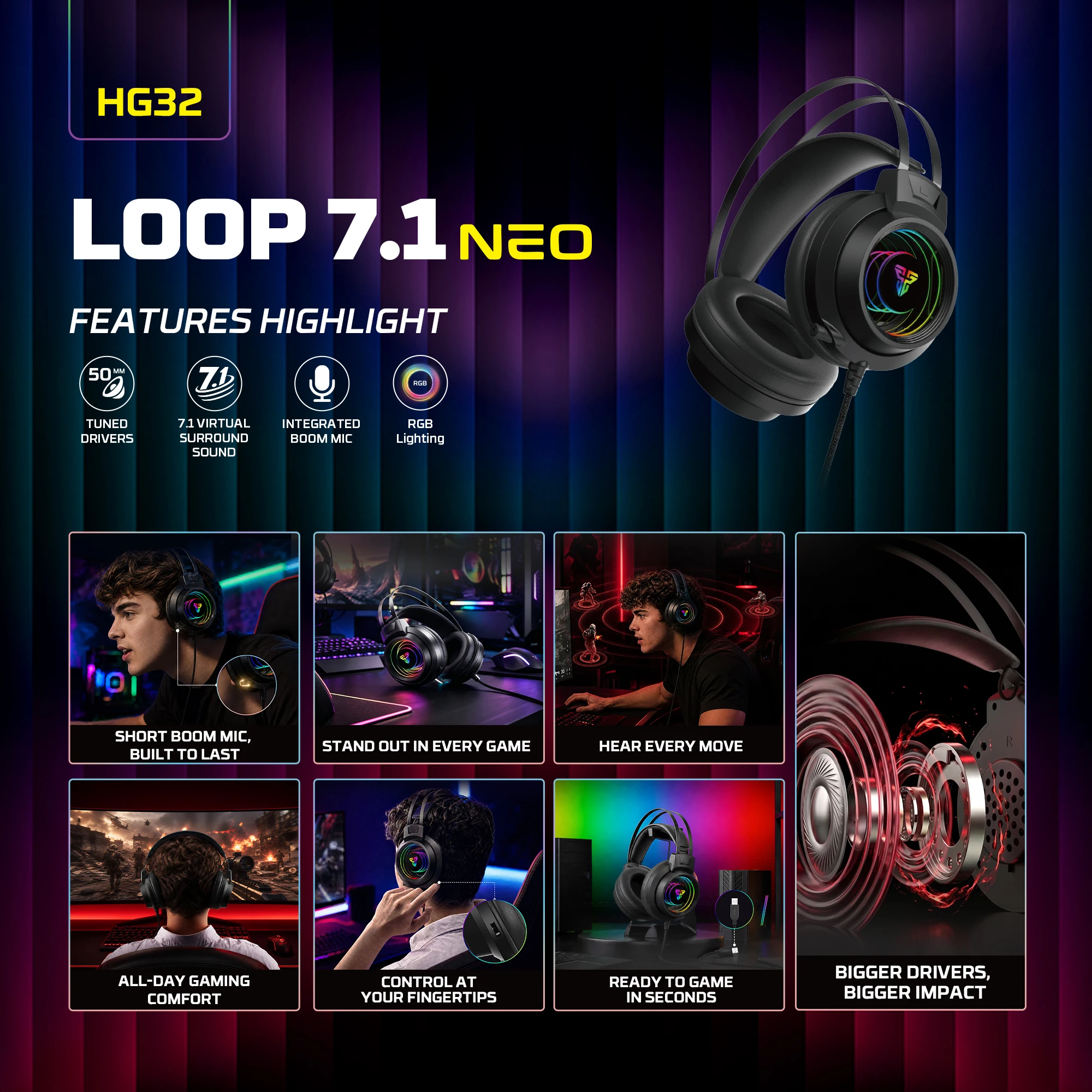 FANTECH LOOP 7.1 NEO HG32 Gaming Headphones 7.1 Virtual Surround Hear Every Move 50mm Big Drive and Short Boom Mic Wired HEADSET