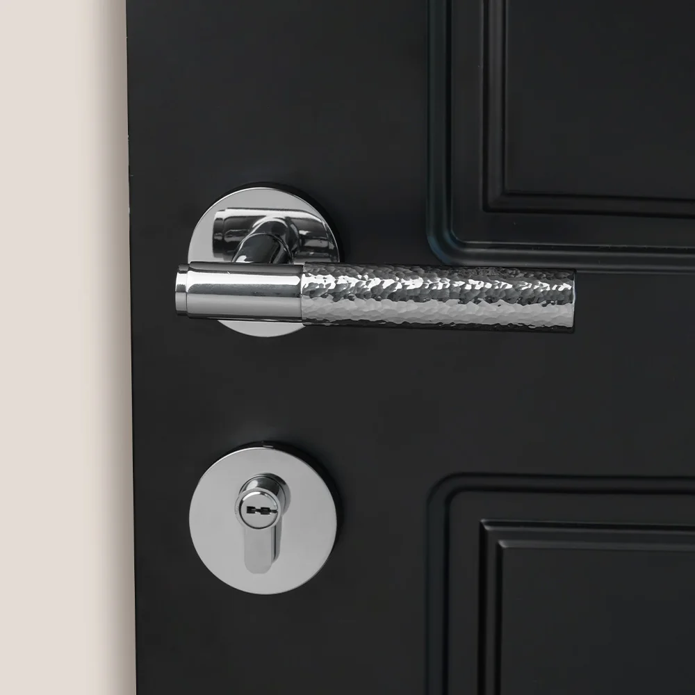DOOROOM Luxury Door Lock set Brass Hammered Bright Silver  Dummy Passage Privacy Door Handle Interior Bathroom Bedroom