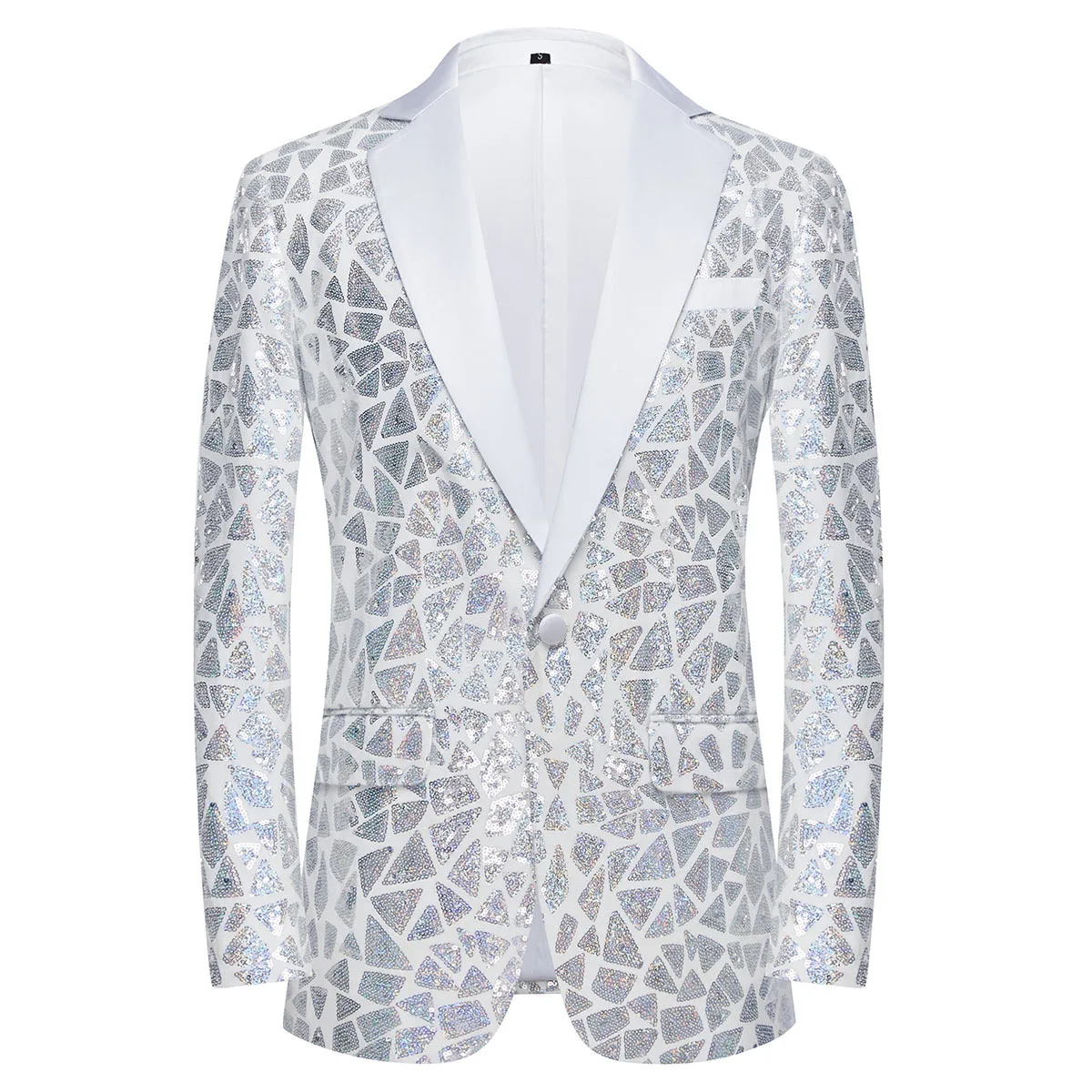 Silver White Laser Sequins Blazer Coat Men Slim Fit One Button Dress Suit Jacket Male Party Stage Performance Singer Host Tuxedo