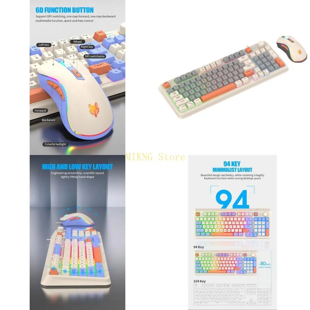 

K820 USB Corded Gaming Keyboard Mouse RGB Colorful Lighting 94Keys Keypad RGB best sale