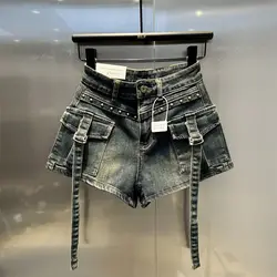 Shorts en denim taille haute pour femmes, streetwear, vêtements de travail de motard déFlex, pantalons trapèze, streetwear sexy, streetwear de rue, Harajuku, fille chaude, nouveau, 2024