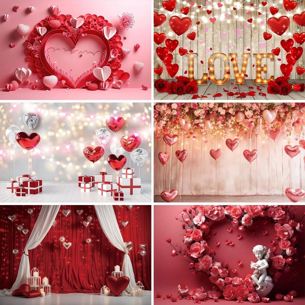 Valentine's Red Love Heart Balloons Photography Background Romantic Wedding Rose Floral Bridal Shower Portrait Photo Backdrops